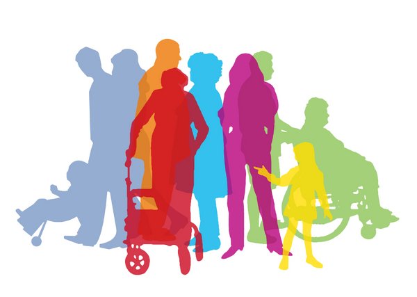 Symbolfoto Inklusion mit unterschiedlichen, bunten Schattenrissen von Personen mit Behinderungen oder anderen Einschränkungen